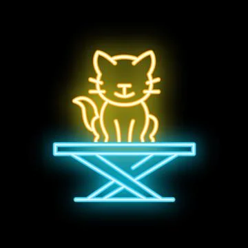 Neon cat sitting on a table icon glowing on black background Stock Illustration