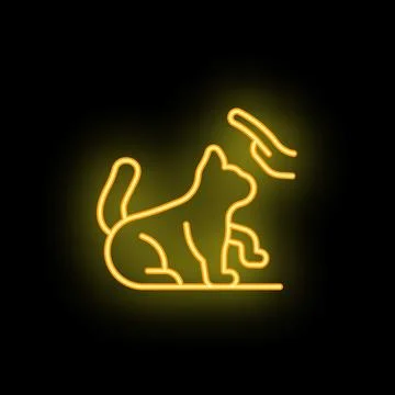 Neon cat sitting with wagging tail on black background Stock Illustration