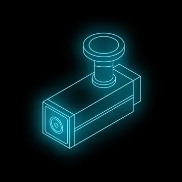 Neon cctv camera glowing on dark background Stock Illustration