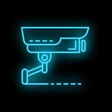 Neon cctv camera icon glowing on dark background Stock Illustration