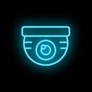 Neon cctv camera icon glowing on dark background Stock Illustration