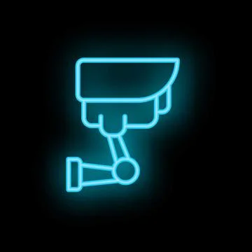 Neon cctv camera icon glowing on dark background Stock Illustration