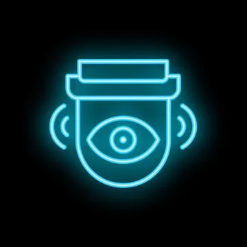 Neon cctv camera icon glowing on dark background Stock Illustration