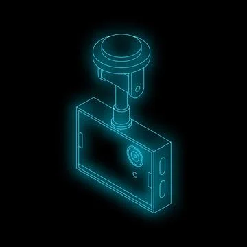 Neon cctv camera observing from above on black background Stock Illustration