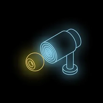 Neon cctv security camera observing and recording on black background Illustrazione stock
