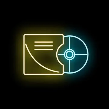 Neon cd dvd disc case icon glowing in blue yellow Stock Illustration