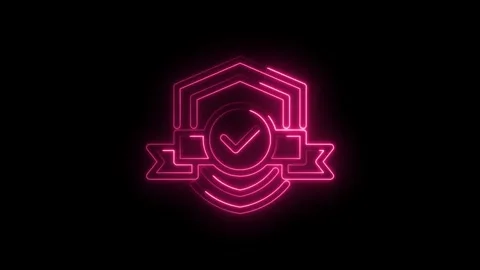 Neon certified badge animation glowing confirmation tick symbol on black ba.. Stock Footage 346007360