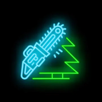 Neon chainsaw cutting tree trunk woodcutter symbol Stock Illustration