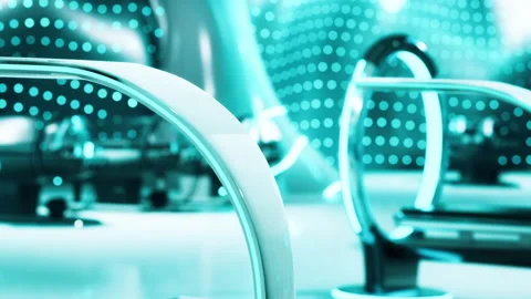Neon chairs placed in a modern room with bright lights and technology Stock Footage 344116375
