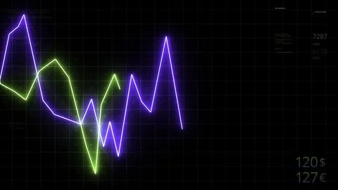 Neon chart moving up and down on digital computer screen with dark background Stock Illustration