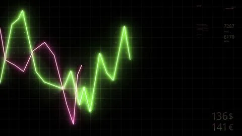 Neon chart moving up and down on digital computer screen with dark background Stock Illustration