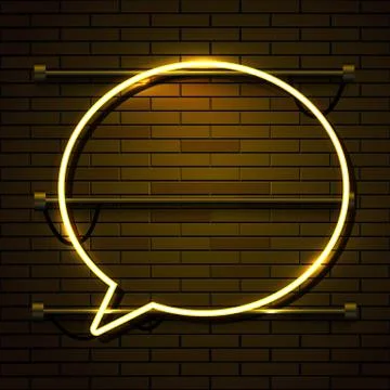 Neon chat bubble sign on dark brick wall background. Las Vegas concept. Illustrazione stock