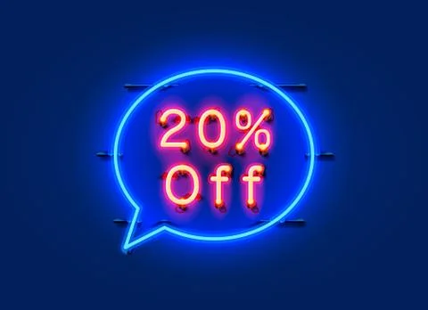 Neon chat frame 20 off text banner. Night Sign board. Stock Illustration