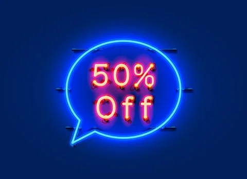Neon chat frame 50 off text banner. Night Sign board. Stock Illustration