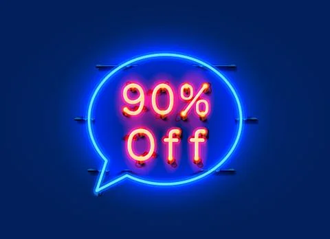 Neon chat frame 90 off text banner. Night Sign board. Stock Illustration