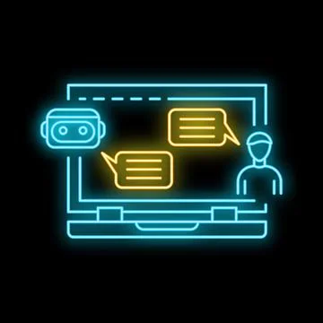 Neon chatbot talking with a man through laptop screen Illustration