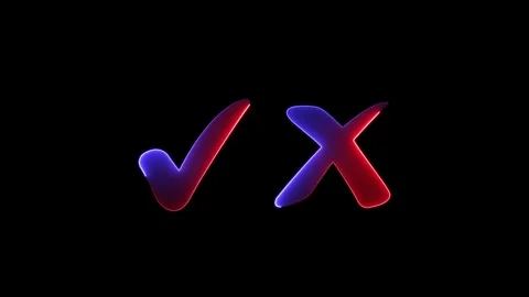 Neon check mark and cross symbols glow with red and blue light motion again.. Stock Footage 333032474