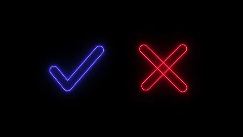 Neon check mark and cross mark signs appearing on black background in loopa.. Stock Footage 345550293