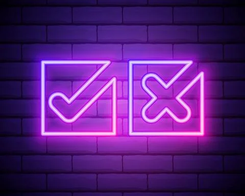 Neon check mark and cross on brick wall. Pink tick and decline symbol isolate Stock Illustration