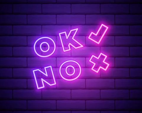 Neon check mark and cross on brick wall. Pink tick and decline symbol isolate Stock Illustration
