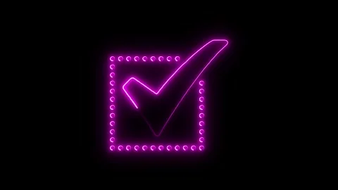 Neon check mark animation within square frame glowing purple on black backg.. Stock Footage 345548239