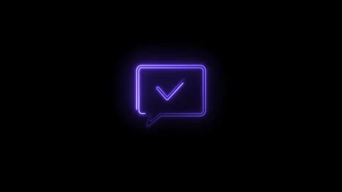 Neon check mark inside chat bubble shape abstract notification on black bac.. Video stock 314536570