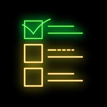 Neon check mark showing completing tasks in to do list on black background Stockillustratie
