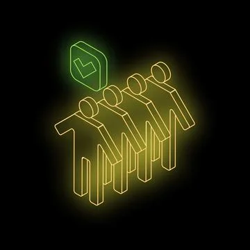 Neon check mark validating group of people standing in line Stock Illustration