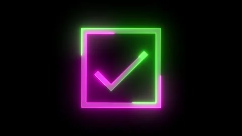 Neon checkbox composite icon green pink color glowing animation black background Stock Footage 265995021