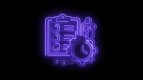 Neon checklist and gear clock icon representing project management efficiency Stock Footage 333970164
