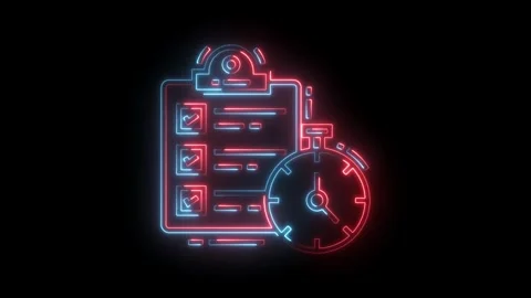 Neon checklist and timer icon animation efficiency task management and Stock Footage 322989282