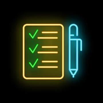 Neon checklist with check marks and pen glowing on dark background Stock Illustration