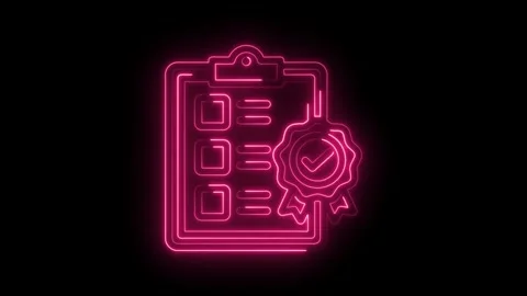 Neon checklist with checkmark badge glowing pink on black background abstract Stock Footage 330872004