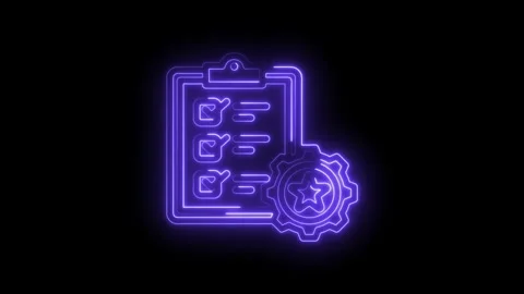 Neon checklist with checkmarks and gear icon symbolizing quality control process Stock Footage 333970199