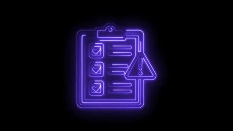 Neon checklist with checkmarks and warning sign glowing purple on icon blac.. Stock Footage 346103374