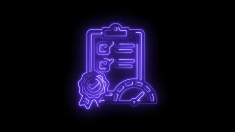 Neon checklist clipboard with checkmarks award ribbon and speedometer icon .. Stock Footage 346112548