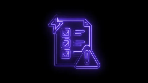 Neon checklist with completed tasks warning alert symbol glowing purple on icon Stock Footage 333952184