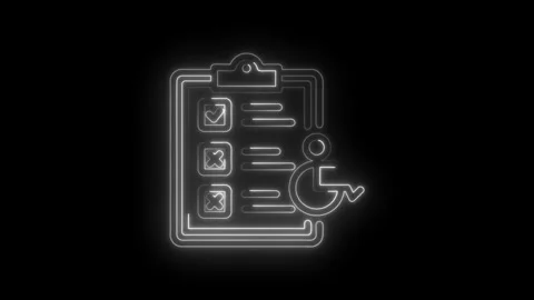 Neon checklist with disabled icon on black background accessibility survey form Stock Footage 333957206