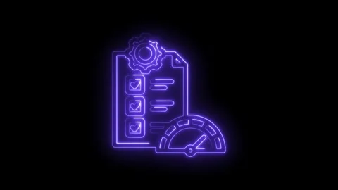 Neon checklist with gear and speedometer icons representing task completion.. Stock Footage 346129878