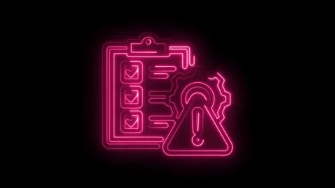 Neon checklist with gear and warning sign glows on black background animation Stock Footage 330783878