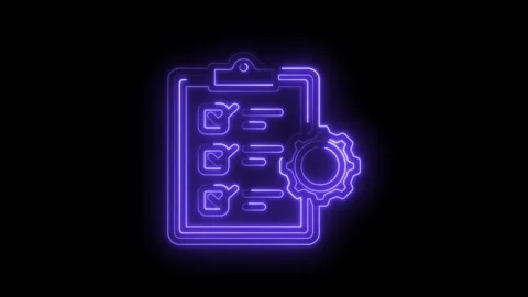 Neon checklist with gear icon glowing purple on black background representi.. Stock Footage 346138197