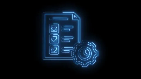 Neon checklist with gear time clock icon glowing on black background task m.. Stock Footage 346006004