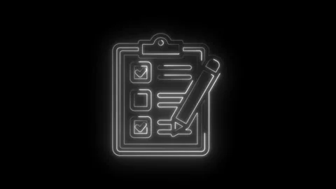 Neon checklist icon with pencil completing tasks on clipboard glowing white Stock Footage 333959464