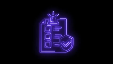 Neon checklist icon with shield and checkmark glowing purple on black background Stock Footage 333966618