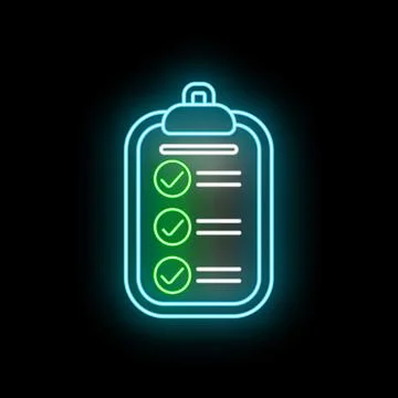Neon checklist icon showing completed tasks and success Stock Illustration