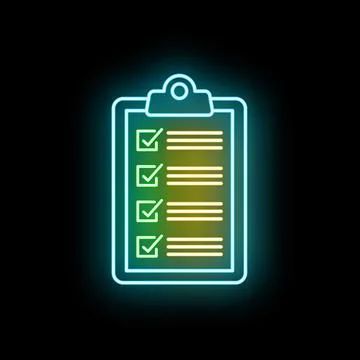 Neon checklist icon showing task completion and survey Stock Illustration