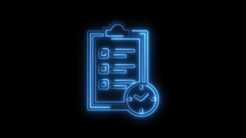 Neon checklist icon with timer glowing blue light on black background deadl.. Stock Footage 316842438