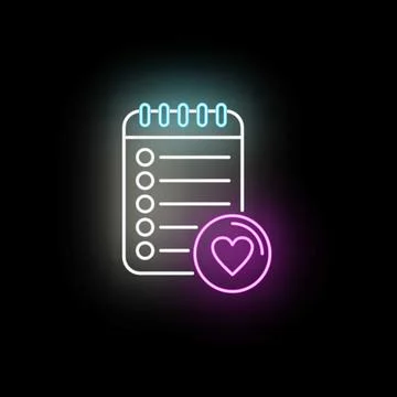Neon checklist notebook with heart wishlist icon Stock Illustration