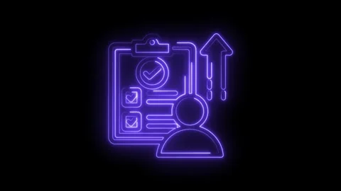 Neon checklist progress success icon with upward arrow and person silhouette Stock Footage 333959283
