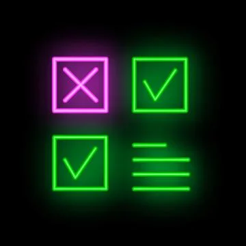 Neon checkmark cross sign making decision right choice glowing icon Stock Illustration